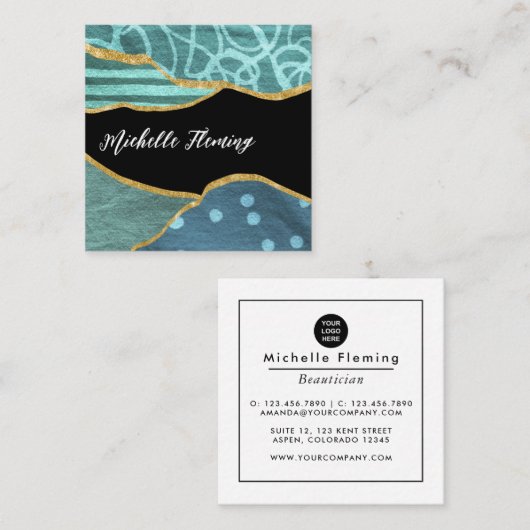 ブルーと金ゴールドリネンファブリックデニムスクエアビジネスS スクエア名刺 (正面/裏面)