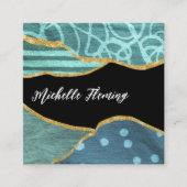 ブルーと金ゴールドリネンファブリックデニムスクエアビジネスS スクエア名刺 (正面)