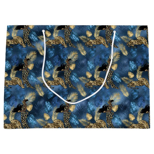 ブルーと金ゴールドレオパードデザイン6 ラージペーパーバッグ (正面)