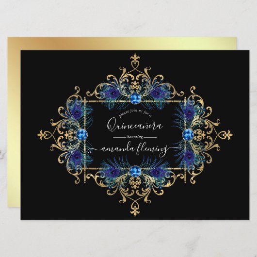 ブルーと金ゴールドヴィンテージピーコックフローラクインセアニラ 招待状 (正面/裏面)