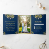 ブルーと金ゴールド伝統的マンダラ結婚インディアン 三つ折り招待状 (内部)