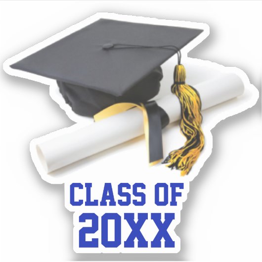 ブルーと金ゴールド卒業キャップ&タッセルクラス シール (正面)