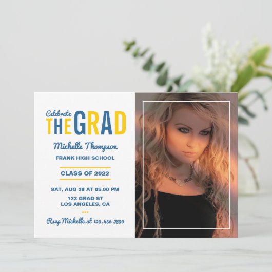 ブルーと金ゴールド卒業パーティー招待状 招待状 (スタンド正面)