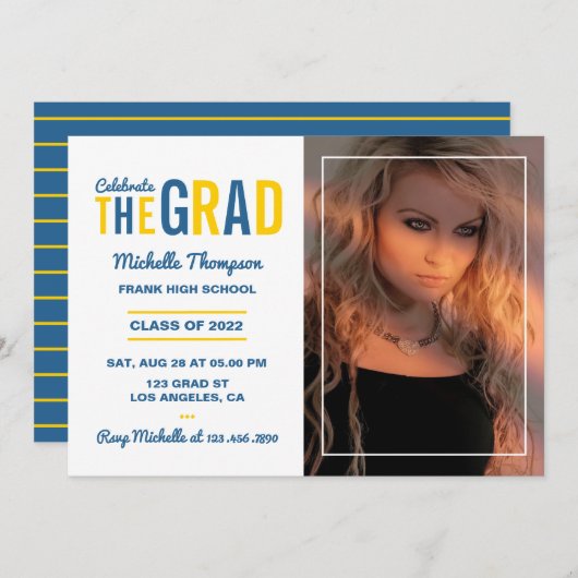 ブルーと金ゴールド卒業パーティー招待状 招待状 (正面/裏面)