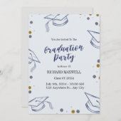 ブルーと金ゴールド卒業パーティー招待状 招待状 (正面/裏面)