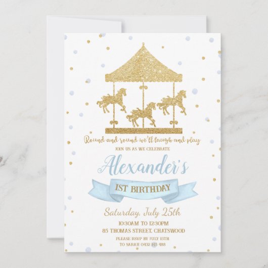 ブルーと金ゴールド回転木馬ボーイ1st誕生日 招待状 (正面)