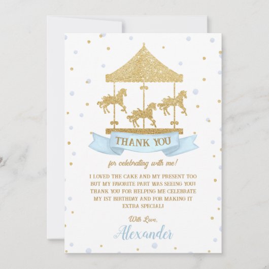 ブルーと金ゴールド回転木馬少年の第1日の第2日の誕生日 サンキューカード (正面)