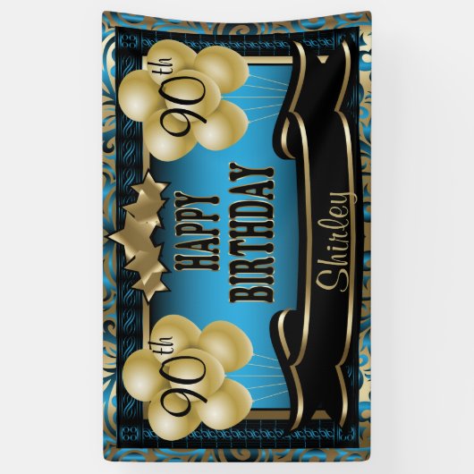 ブルーと金ゴールド抽象芸術ハッピー00誕生日 横断幕 (縦)