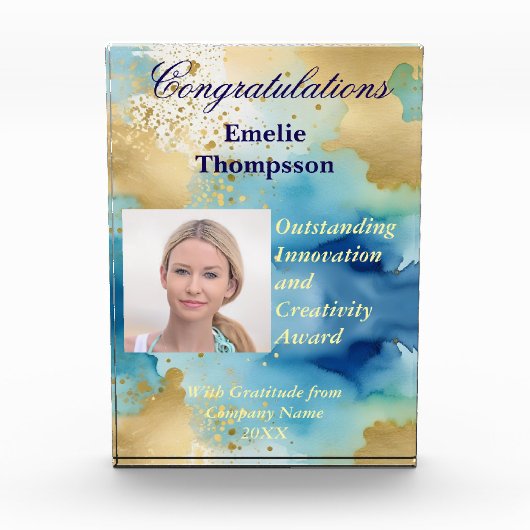 ブルーと金ゴールド抽象芸術革新創造賞 フォトブロック (正面)