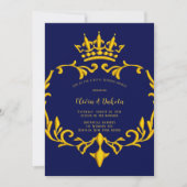 ブルーと金ゴールド王室のクラウンウェディングシャワー 招待状 (正面)