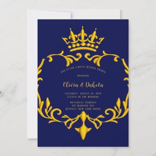ブルーと金ゴールド王室のクラウンウェディングシャワー 招待状 (正面)