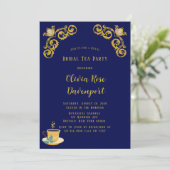 ブルーと金ゴールド王室のクラウンダマスクブライダルティーパーティー 招待状 (スタンド正面)