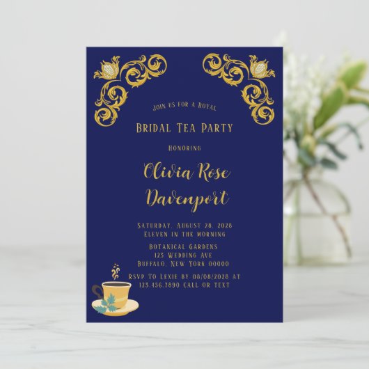 ブルーと金ゴールド王室のクラウンダマスクブライダルティーパーティー 招待状 (スタンド正面)