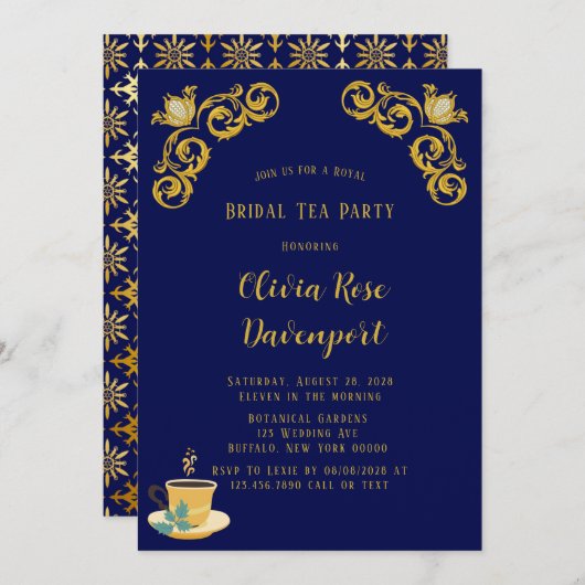 ブルーと金ゴールド王室のクラウンダマスクブライダルティーパーティー 招待状 (正面/裏面)