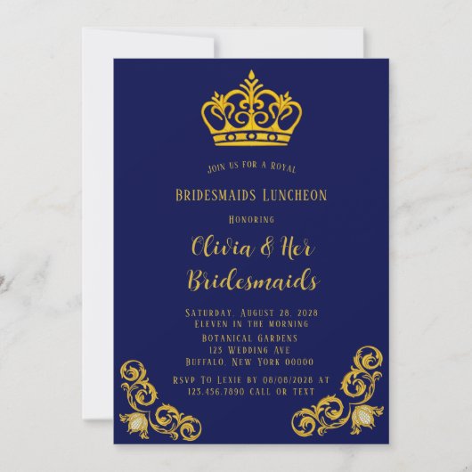 ブルーと金ゴールド王室のブリデスメイド昼食会 招待状 (正面)