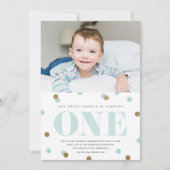 ブルーと金ゴールド紙吹雪の最初の誕生日パーティーの写真 招待状 (正面)