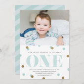 ブルーと金ゴールド紙吹雪の最初の誕生日パーティーの写真 招待状 (正面/裏面)