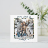 ブルーと金ゴールド雪だるまファミリーフォトクリスマス シーズンカード (スタンド正面)