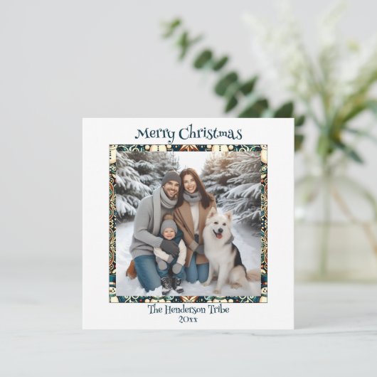 ブルーと金ゴールド雪だるまファミリーフォトクリスマス シーズンカード (スタンド正面)