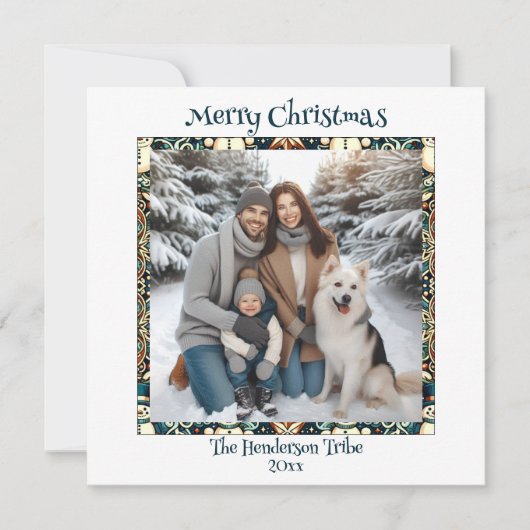 ブルーと金ゴールド雪だるまファミリーフォトクリスマス シーズンカード (正面)