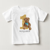 ブルーと金ゴールド1st誕生日テディベア ベビーTシャツ (正面)
