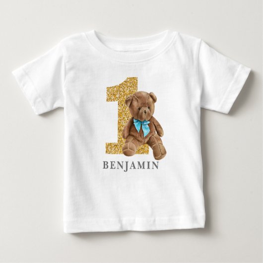 ブルーと金ゴールド1st誕生日テディベア ベビーTシャツ (正面)