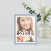 ブルーと金ゴールド3写真卒業パーティー招待状 案内ポストカード (スタンド正面)