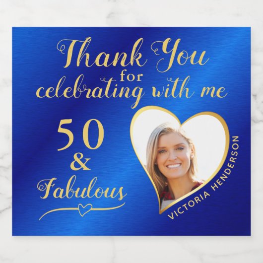 ブルーと金ゴールド50と素晴らしい誕生日ありがとう スパークリングワインラベル (シングルラベル)