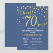 ブルーと金ゴールド70誕生日ダイヤモンド 招待状 (正面/裏面)