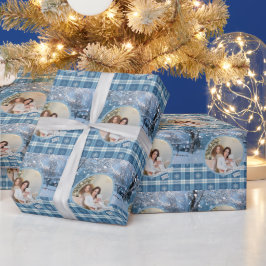 ブルーのあったかチェック柄 冬のクリスマス ラッピングペーパー