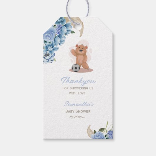 ブルーのくまちゃんがかわいいベイビーシャワーのお礼タグ ギフトタグ (正面)