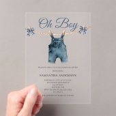 ブルーのつなぎ Oh Boy ベビーシャワー  アクリル招待状 (インサイチュ (ポータブル))