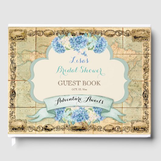 ブルーのアジサイが可愛いヴィンテージ世界地図 ゲストブック (正面)