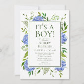 ブルーのアジサイでIt's A Boy Baby Shower 招待状 (正面)