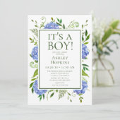 ブルーのアジサイでIt's A Boy Baby Shower 招待状 (スタンド正面)