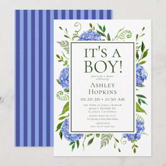 ブルーのアジサイでIt's A Boy Baby Shower 招待状 (正面/裏面)