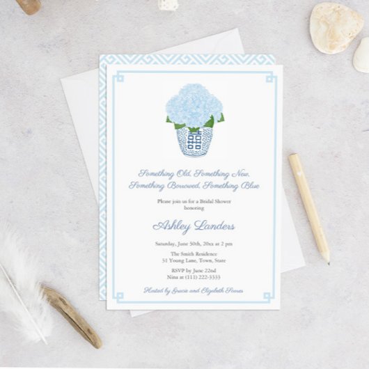 ブルーのアジサイの生姜壺 ブライダルシャワー 招待状
