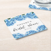 ブルーのアジサイの花のブライダルシャワーのウェルカムサイン スクエアペーパーコースター (アングル)