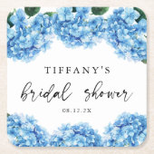 ブルーのアジサイの花のブライダルシャワーのウェルカムサイン スクエアペーパーコースター (正面)
