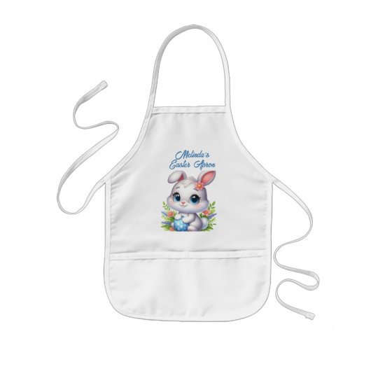 ブルーのイースターエッグを持つウサギ 子供用エプロン (正面)
