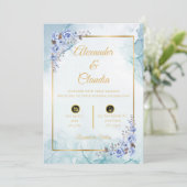 ブルーのエレガンス:結婚式招待状と大理石a 招待状 (スタンド正面)