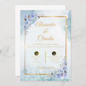 ブルーのエレガンス:結婚式招待状と大理石a 招待状 (正面/裏面)