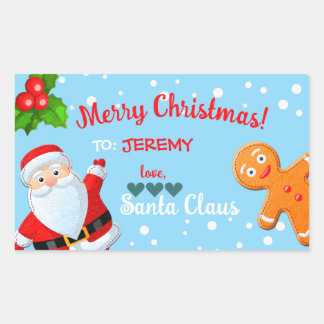 ブルーのオーダーメイドクリスマスギフト ラブ サンタ ジンジャーブレッド 長方形シール