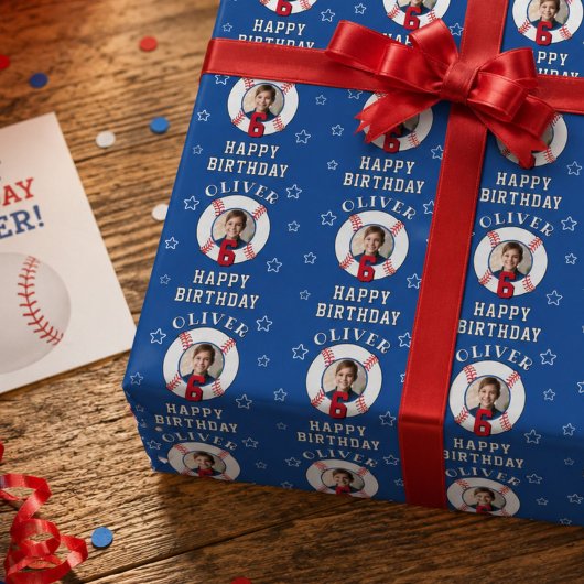 ブルーのオーダーメイド野球ボール 誕生日フォト ラッピングペーパー