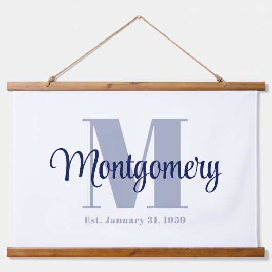 ブルーのカスタムファミリー名看板 ウェディングギフトアイデア 吊り下げ型タペストリー (正面)