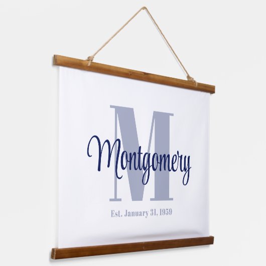 ブルーのカスタムファミリー名看板 ウェディングギフトアイデア 吊り下げ型タペストリー (傾斜あり)
