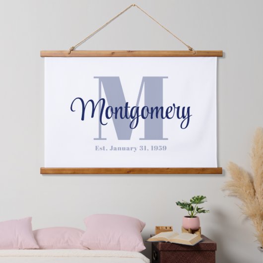 ブルーのカスタムファミリー名看板 ウェディングギフトアイデア 吊り下げ型タペストリー (寝室)