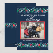 ブルーのガーランド - フラットホリデーカード シーズンカード (正面/裏面)