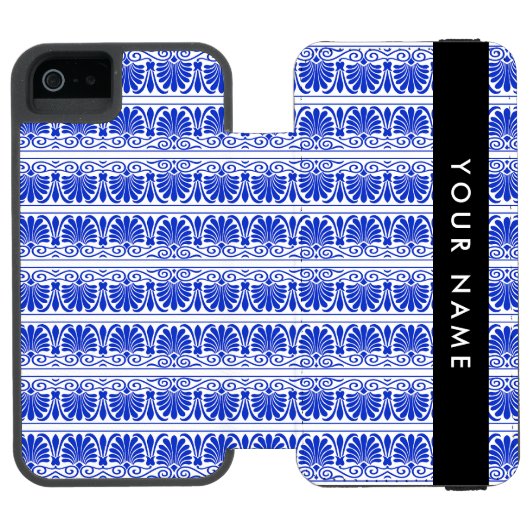 ブルーのギリシャ文様フレーム 名前入り 名前をカスタマイズ INCIPIO iPhoneウォレットケース (フォリオ Open)