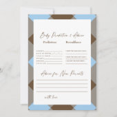 ブルーのギンガムとブラウンのシャワー 赤ちゃん予測 招待状 (正面)